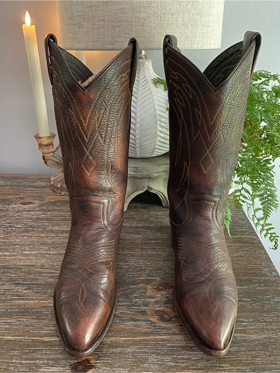 Frye Shoes - Vtg FRYE Billy Pull-On Deco Stitch Leather Western Cowboy Boots Women 7.5B Brown